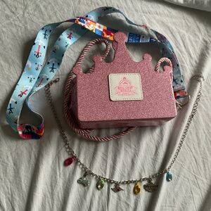 Disney Royal Court pink rhinestone bag, charm necklace, lanyard